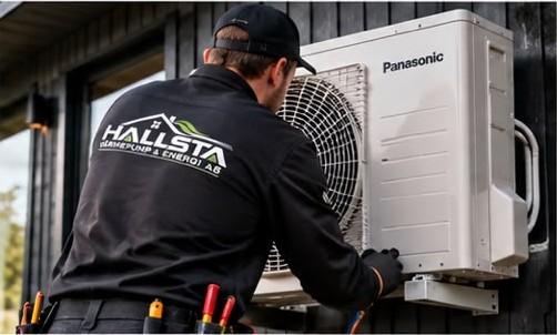 Tekniker från Hallsta Värmepump installerar utedel